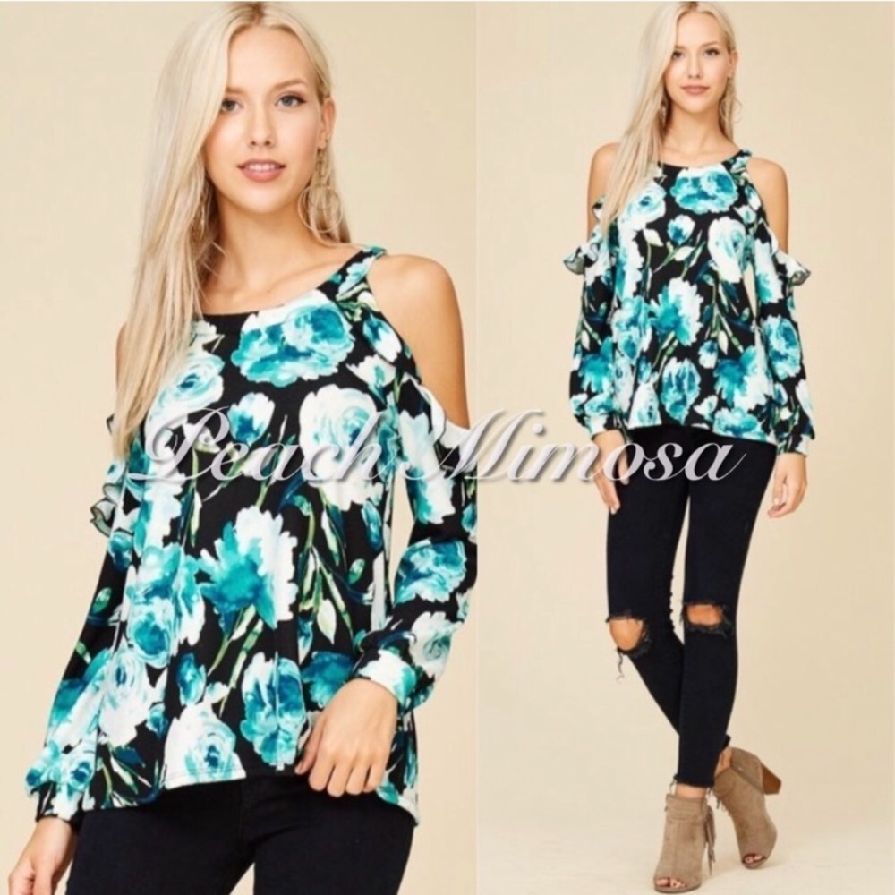 Ruffle cold shoulder French terry top